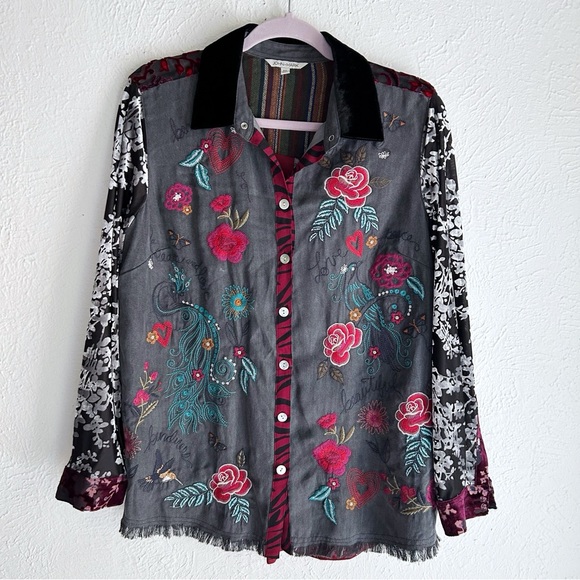 John Mark Tops - John Mark Embroidered Mixed Print Button Down Top Boho Patchwork Blouse Medium